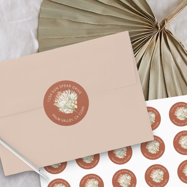 Pegatina Redonda Dirección de retorno de Terracota de Foliage Dried (Burnt orange round address labels from my Boho Palm Bridal Shower Collection)