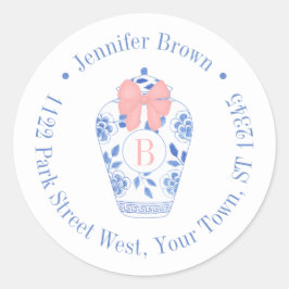 Pegatina Redonda Dirección de retorno del monograma del bonito Bow 