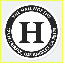 Pegatina Redonda Dirección de retorno en blanco y negro legible de