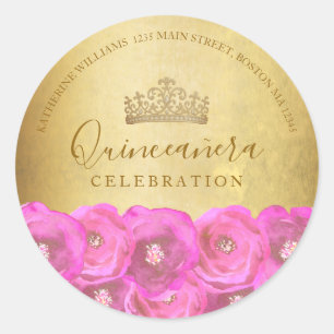 Pegatina Redonda Dirección de Retorno Floral Rosa Pastel Quinceañer