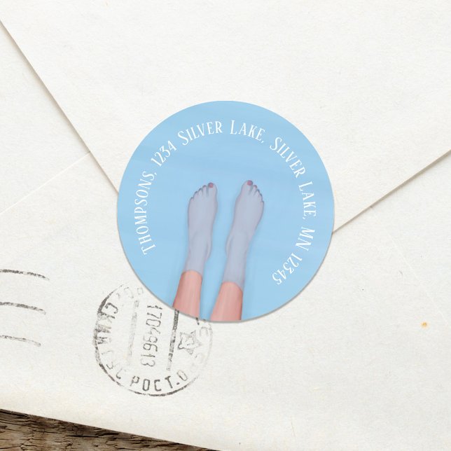 Pegatina Redonda Dirección de retorno Personalizado de playa de agu (Cute return address label blue water tropical custom sticker)