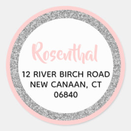 Pegatina Redonda Dirección de retorno rosa y plateado Purpurinoso