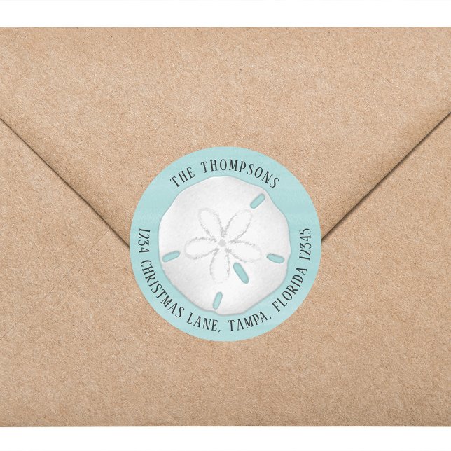 Pegatina Redonda Dirección de retorno simple Playa de arena turques (Simple beach tropical sand dollar return address circle sticker labels. )
