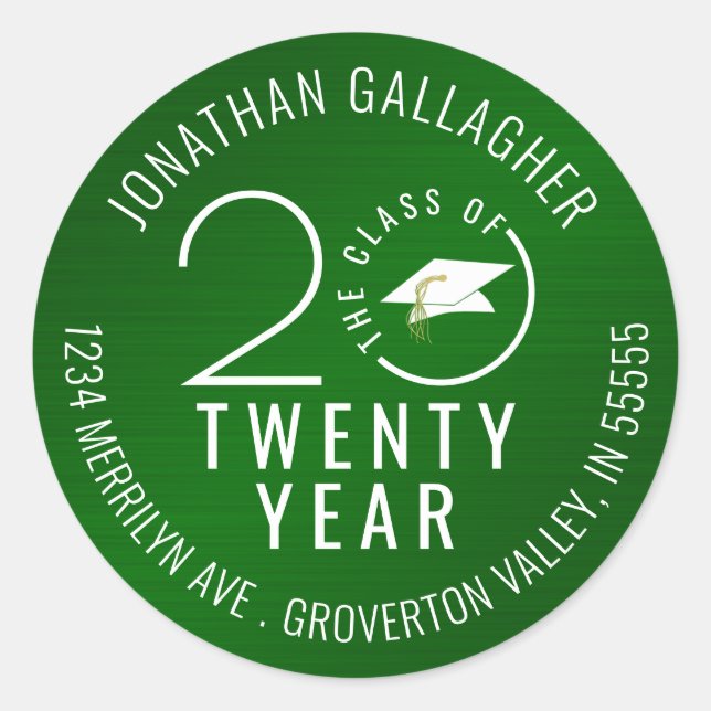 Pegatina Redonda Dirección de retorno verde metálico del año de gra (Anverso)