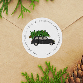Pegatina Redonda Dirección de taxi del árbol de Navidad negro de Lo