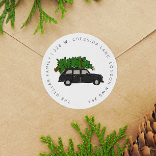 Pegatina Redonda Dirección de taxi del árbol de Navidad negro de Lo