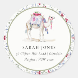 Pegatina Redonda Dirección del camello acuarela tropical marroquí