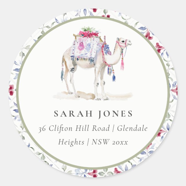 Pegatina Redonda Dirección del camello acuarela tropical marroquí (Anverso)