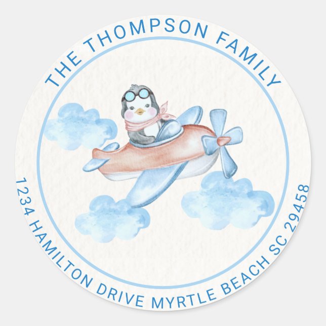 Pegatina Redonda Dirección del piloto del pingüino blanco azul de c (Anverso)