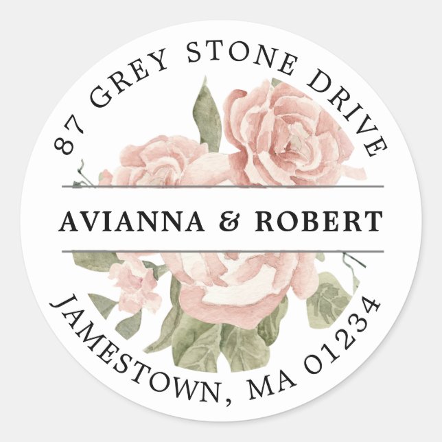 Pegatina Redonda Dirección Dusty Rosa Floral Rosa (Anverso)