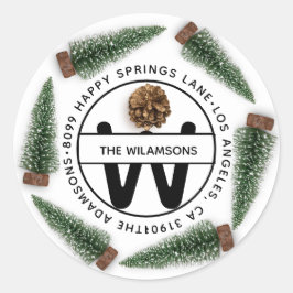 Pegatina Redonda Dirección familiar RSVP Monograma Árbol de Navidad