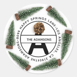 Pegatina Redonda Dirección familiar RSVP Monograma Árbol de Navidad
