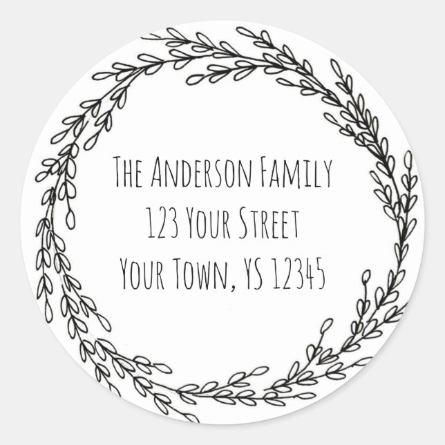 Pegatina Redonda Dirección floral Black White Wreath (Anverso)