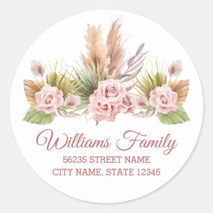 Pegatina Redonda Dirección Floral Boho Pampas Grass Blush Acuarela 