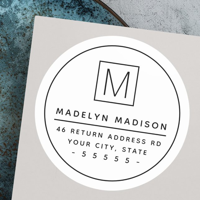 Pegatina Redonda Dirección mínima de devolución blanca del borde de (Monogram thin border minimal white return address classic round sticker)