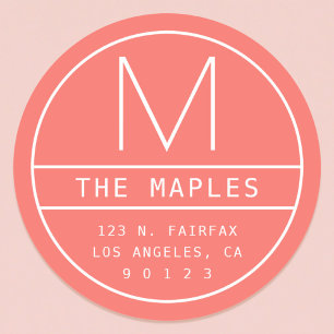 Pegatina Redonda Dirección moderna y monograma   Coral vivo