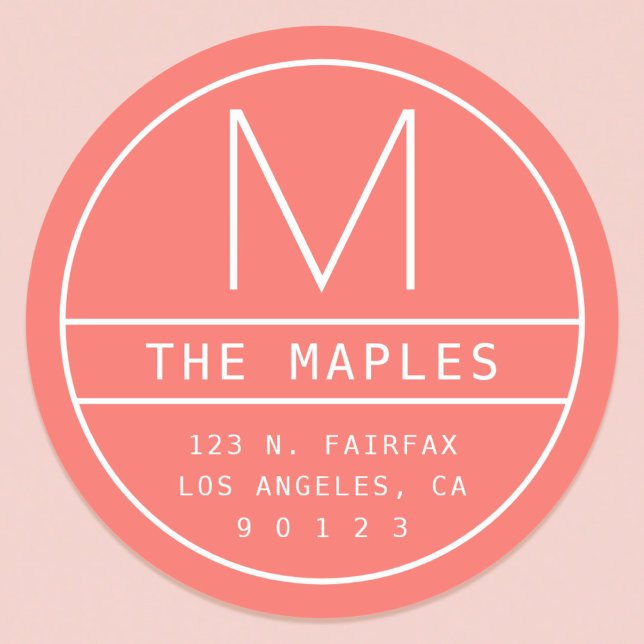 Pegatina Redonda Dirección moderna y monograma | Coral vivo (Subido por el creador)