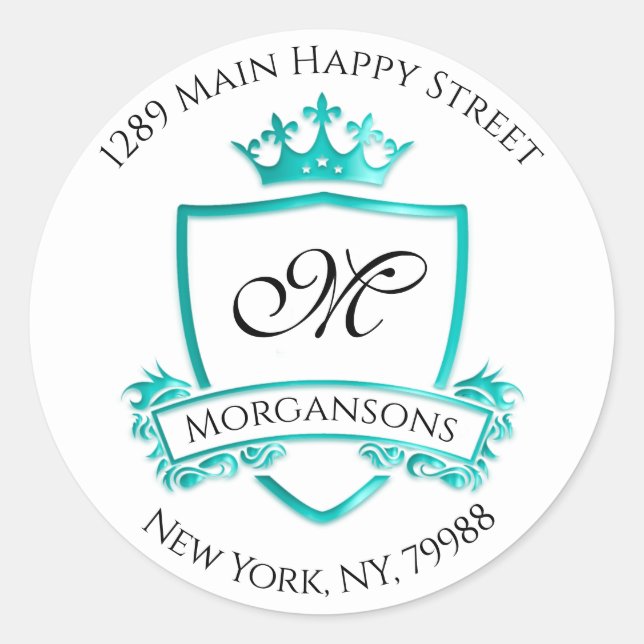 Pegatina Redonda Dirección Monograma Crown Real Moneda Blanca RSVP (Anverso)