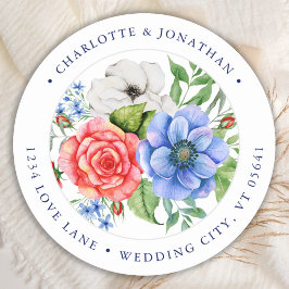 Pegatina Redonda Dirección Patriótica Floral Rojo Azul Blanco