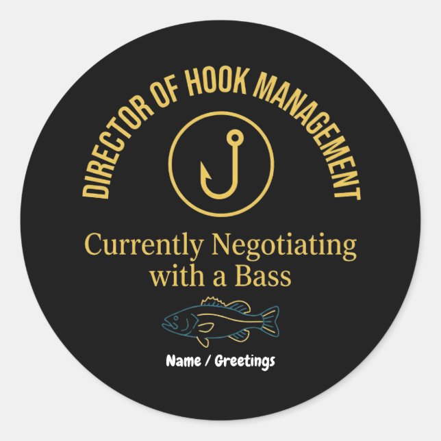 Pegatina Redonda Director of Hook Management Funny Bass Fishing Hum (Anverso)