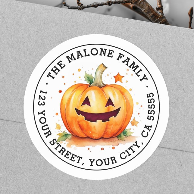 Pegatina Redonda Dirigida dirección de retorno de Jack-o-lantern Ha (Cute Jack-o-lantern Halloween return address Classic Round Sticker)