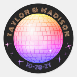 Pegatina Redonda Disco Ball Nombres Boda Fecha Naranja Azul Magenta