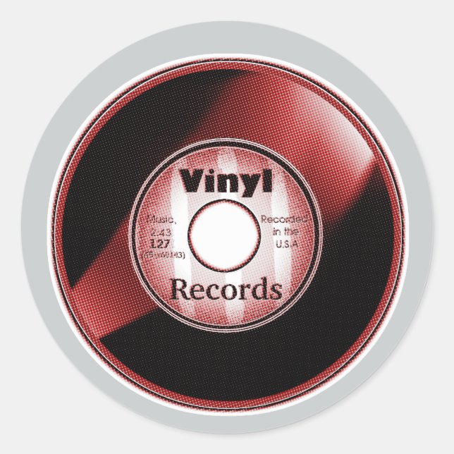 Pegatina Redonda Disco de VINILO a 45 RPM, Rojo/Blanco (Anverso)