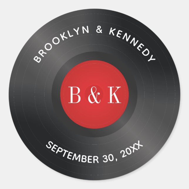 Pegatina Redonda Disco de vinilo con monograma de Rock And Roll Roj (Anverso)