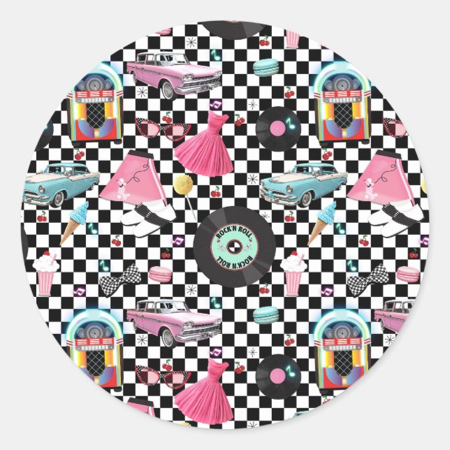 Pegatina Redonda Disco Retro Años 50 Favors De Fiesta (Anverso)