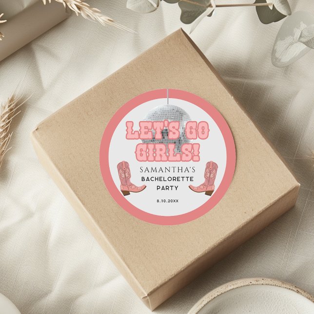 Pegatina Redonda Disco Vaquera Vamos Chicas Despedida de Soltera (Retro Lets Go Girls Bachelorette Classic Round Stickers)