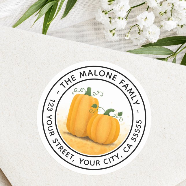 Pegatina Redonda Discurso de devolución de la cosecha de las calaba (Thanksgiving pumpkins fall harvest return address classic round sticker)