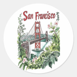 Pegatina Redonda Diseño acuático del puente Golden Gate de San Fran