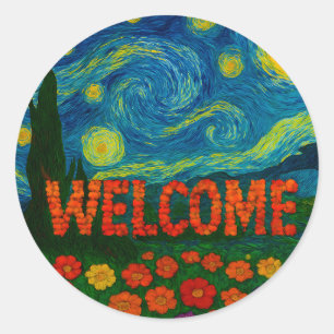 Pegatina Redonda Diseño Artístico Floral de Bienvenida Noche Estrel