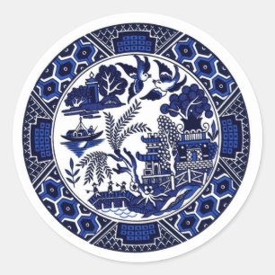 Pegatina Redonda Diseño azul azul y blanco del sauce de China