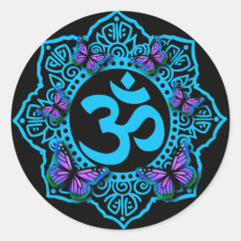 Pegatina Redonda Diseño azul ohm mandala con mariposas púrpura