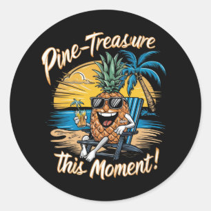 Pegatina Redonda Diseño con piña en la playa