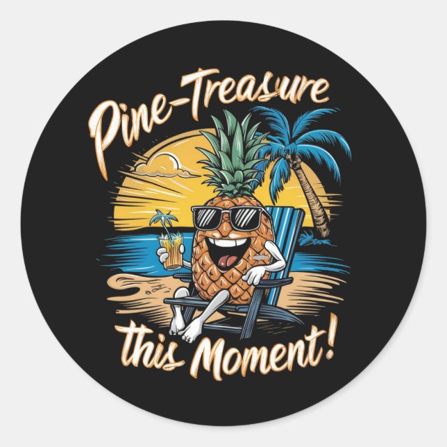 Pegatina Redonda Diseño con piña en la playa (Anverso)