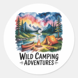 Pegatina Redonda Diseño de acuarela de Wild Camping Adventures