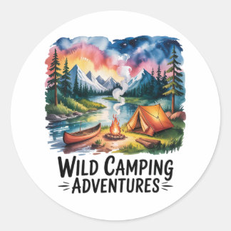 Pegatina Redonda Diseño de acuarela de Wild Camping Adventures