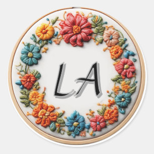 Pegatina Redonda Diseño de alfabeto bordado colorido