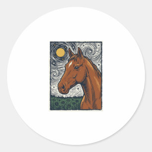 Pegatina Redonda Diseño de arte de caballo grabado vintage noche es