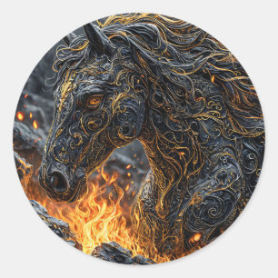 Pegatina Redonda Diseño de Arte Fantástico de Semental Fiery Caball