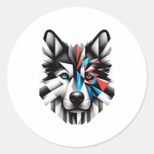 Pegatina Redonda Diseño de Arte Moderno de Cara de Husky Geométrico