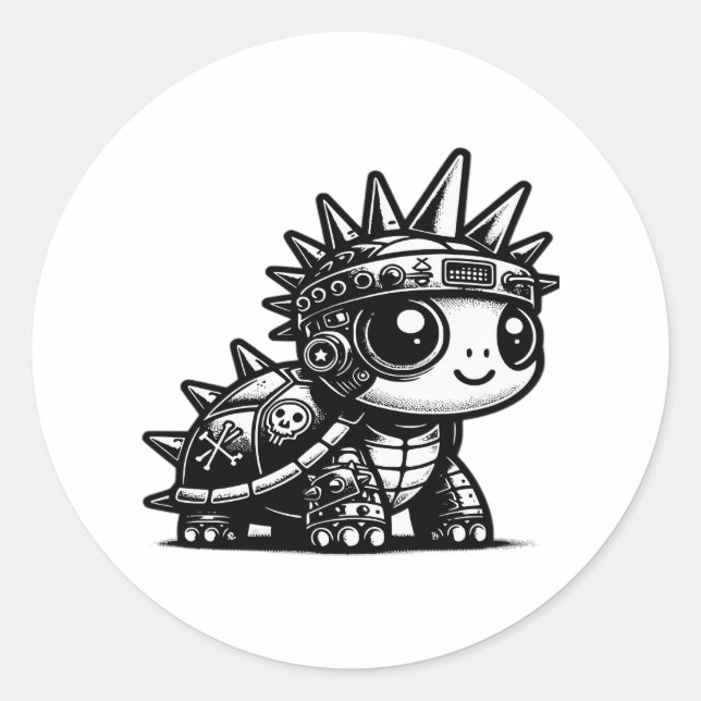Pegatina Redonda Diseño de Arte Vintage de Tortuga Cyborg Whimsigot (Anverso)