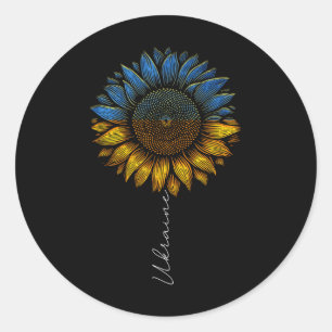 Pegatina Redonda Diseño de bandera vintage de Ucrania y girasol de