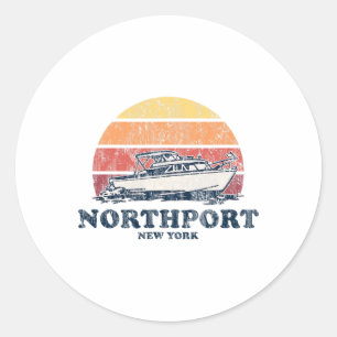 Pegatina Redonda Diseño de barcos retro para nevado Northport Ny Vi
