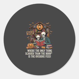 Pegatina Redonda Diseño de biblioteca de esqueleto de Halloween par