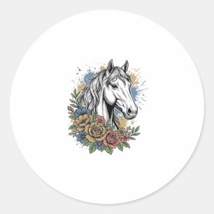 Pegatina Redonda Diseño de camiseta vectorial floral de caballo gra