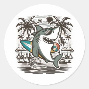 Pegatina Redonda Diseño de camisetas de tiburón de playa