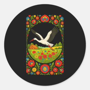 Pegatina Redonda Diseño de campo polaco arte popular cigüeña polaca